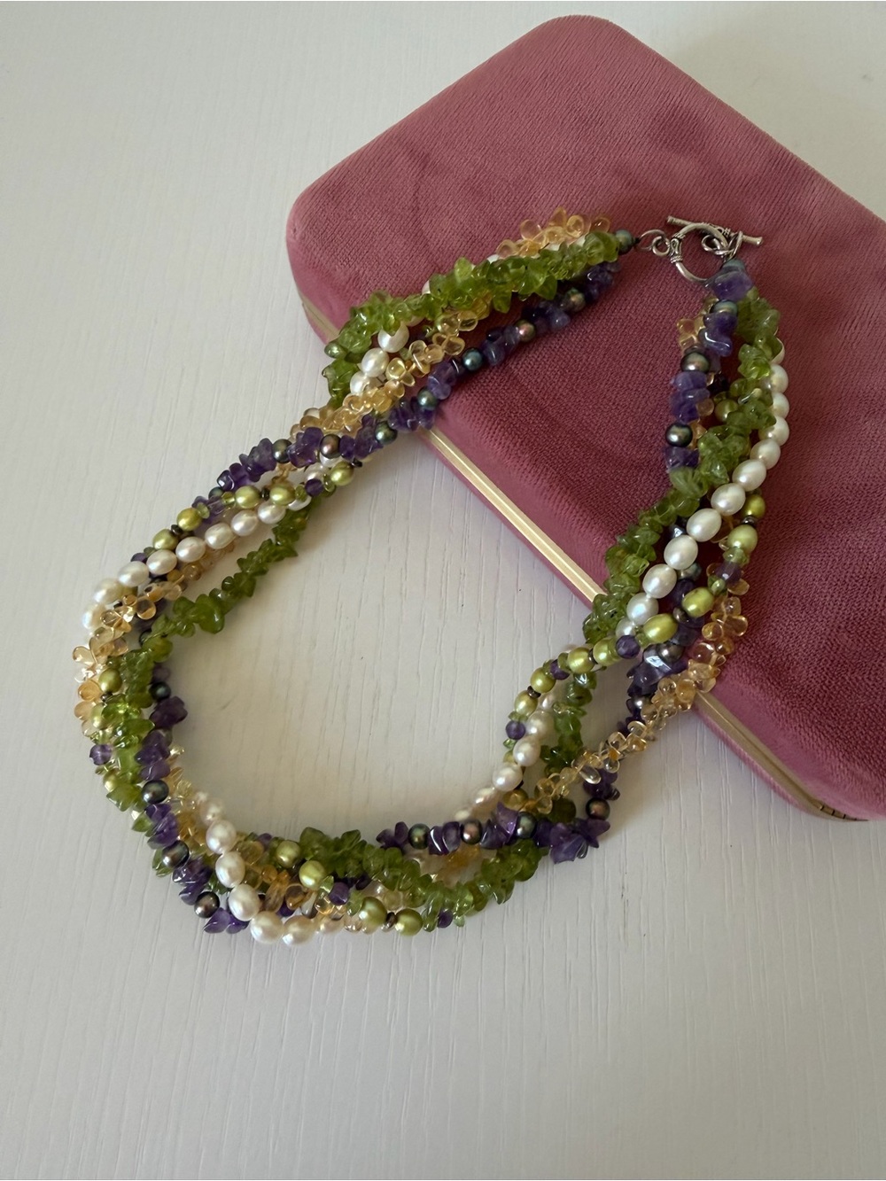 Sterling Silver 925 Multi-Strand Gemstone & Pearl Necklace-19”